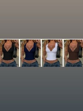 Scalloped V-Neck Ribbed Tank Top - Available in Black, Navy, White, Brown